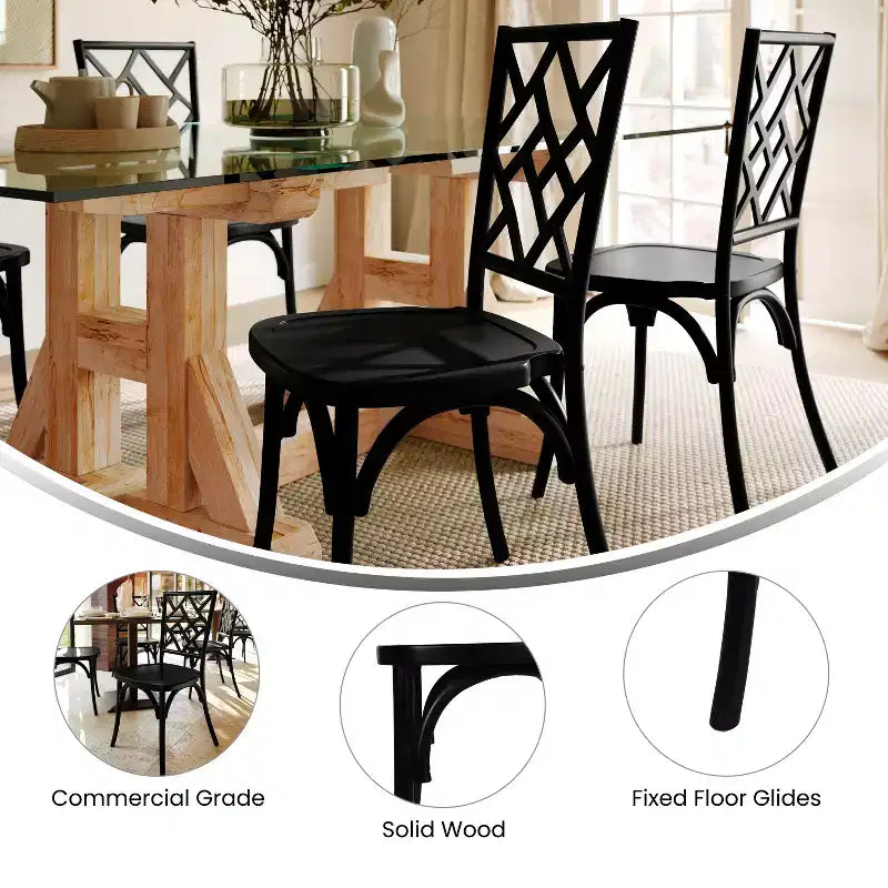 Sedia da pranzo in legno massello con design impilabile, schienale decorato e finitura elegante