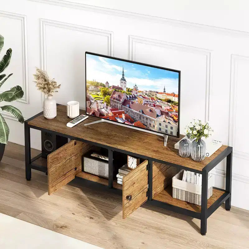 Mobile TV da 58 pollici con contenitore, per TV fino a 65 pollici, mobile TV in legno per soggiorno, due vani contenitore chiusi e ripiani aperti, marrone rustico