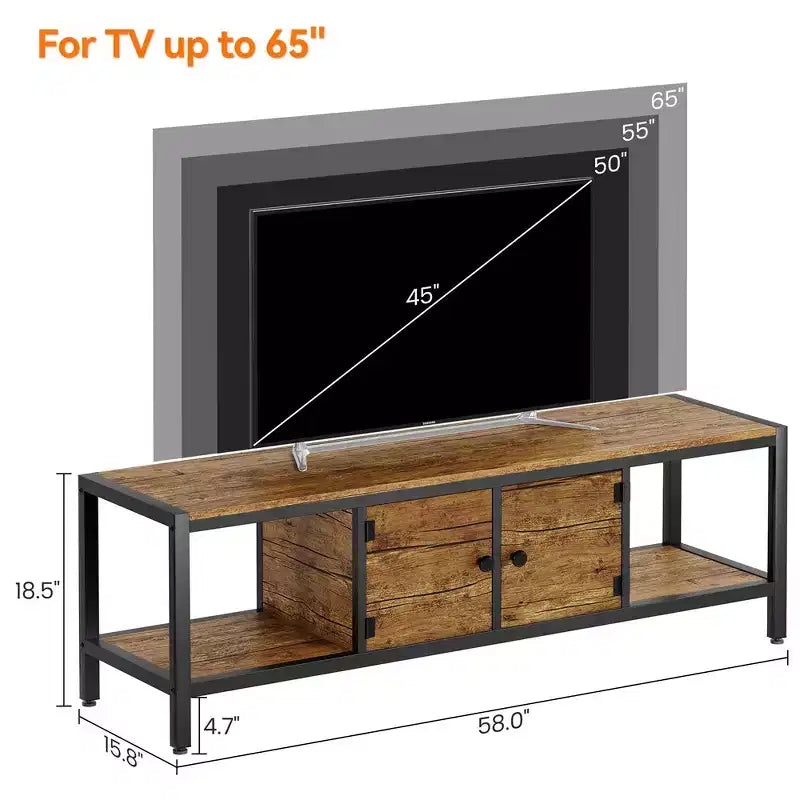 Mobile TV da 58 pollici con contenitore, per TV fino a 65 pollici, mobile TV in legno per soggiorno, due vani contenitore chiusi e ripiani aperti, marrone rustico
