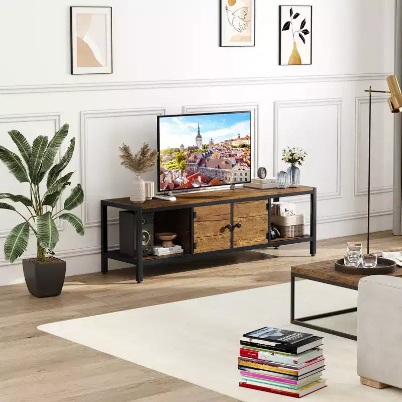 Mobile TV da 58 pollici con contenitore, per TV fino a 65 pollici, mobile TV in legno per soggiorno, due vani contenitore chiusi e ripiani aperti, marrone rustico