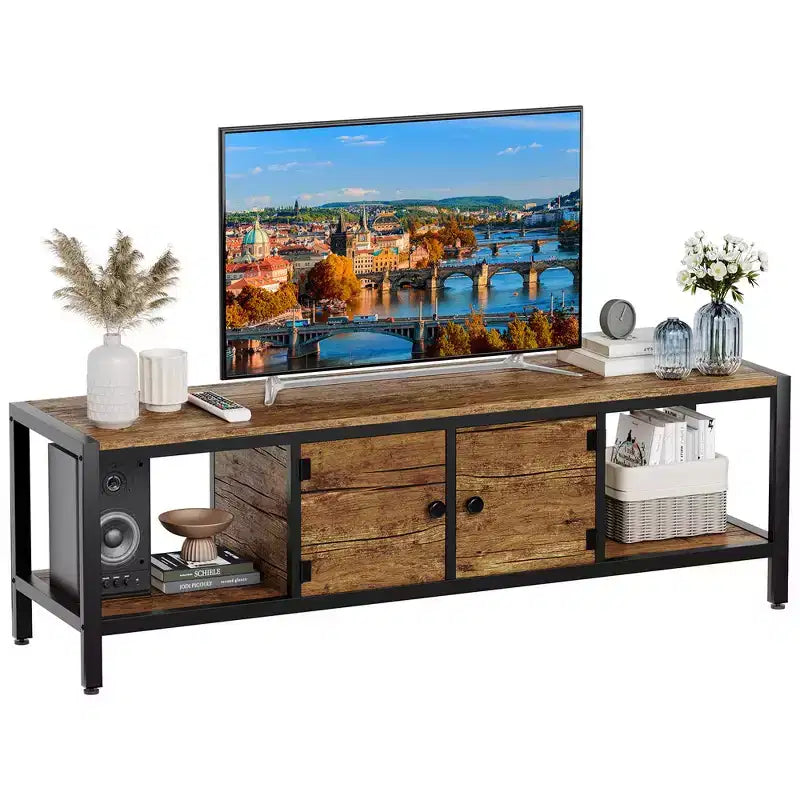 Mobile TV da 58 pollici con contenitore, per TV fino a 65 pollici, mobile TV in legno per soggiorno, due vani contenitore chiusi e ripiani aperti, marrone rustico
